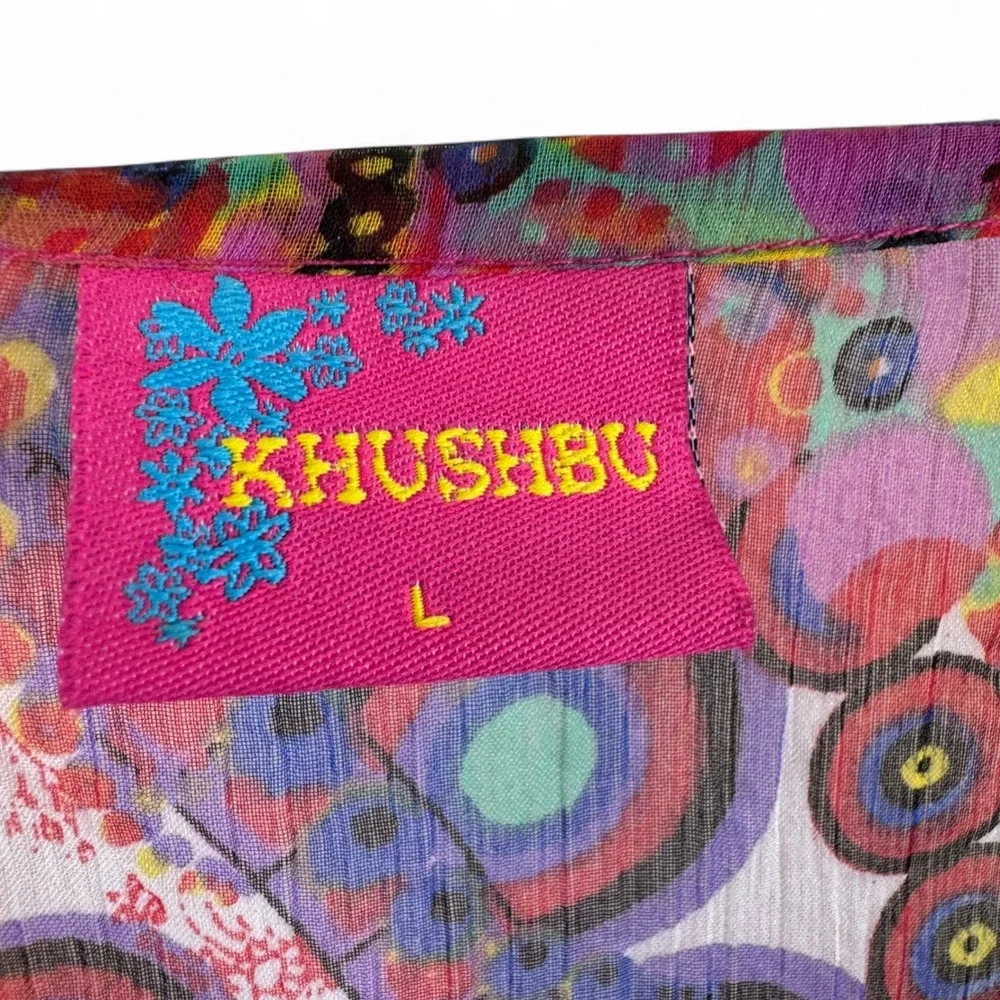 Khushbu Sheer Embellished Rhinestone Tunic‎ Top Mandala Paisley Print Pink Large